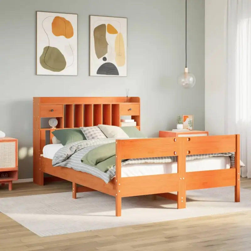 Boekenkastbed in massief grenenhout met ruime totale afmetingen - Wasbruin / 120 x 190 cm - Bedden & bedframes
