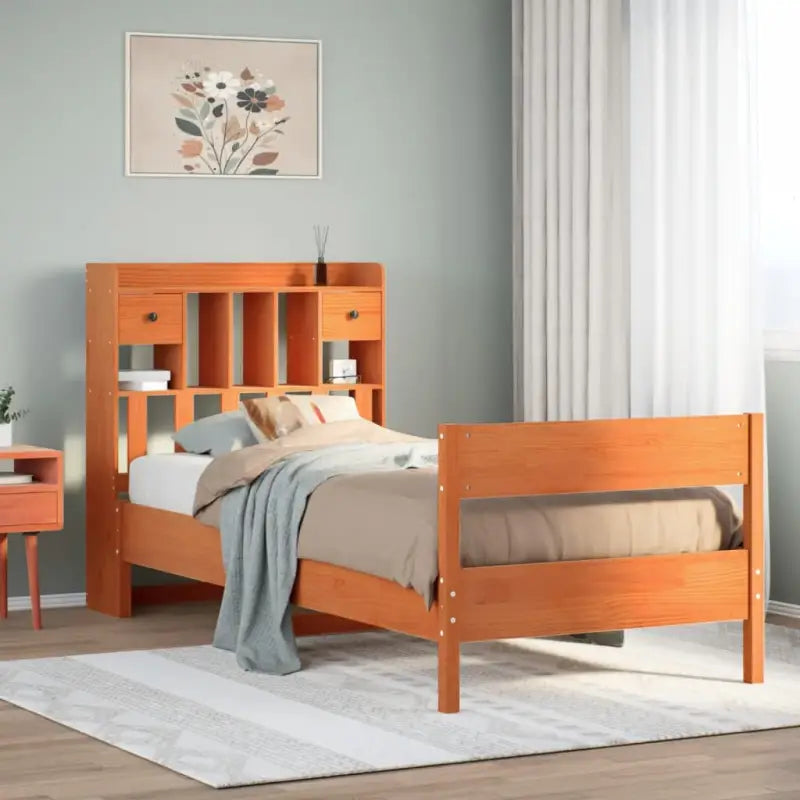 Boekenkastbed in massief grenenhout met ruime totale afmetingen - Wasbruin / 100 x 200 cm - Bedden & bedframes