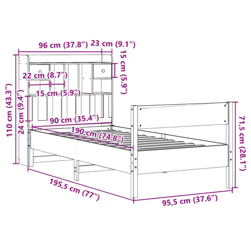 Boekenkastbed in massief grenenhout met ruime totale afmetingen - Bedden & bedframes