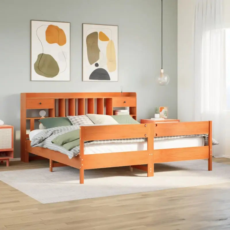 Boekenkastbed in massief grenenhout met ruime totale afmetingen - Wasbruin / 200 x 200 cm - Bedden & bedframes