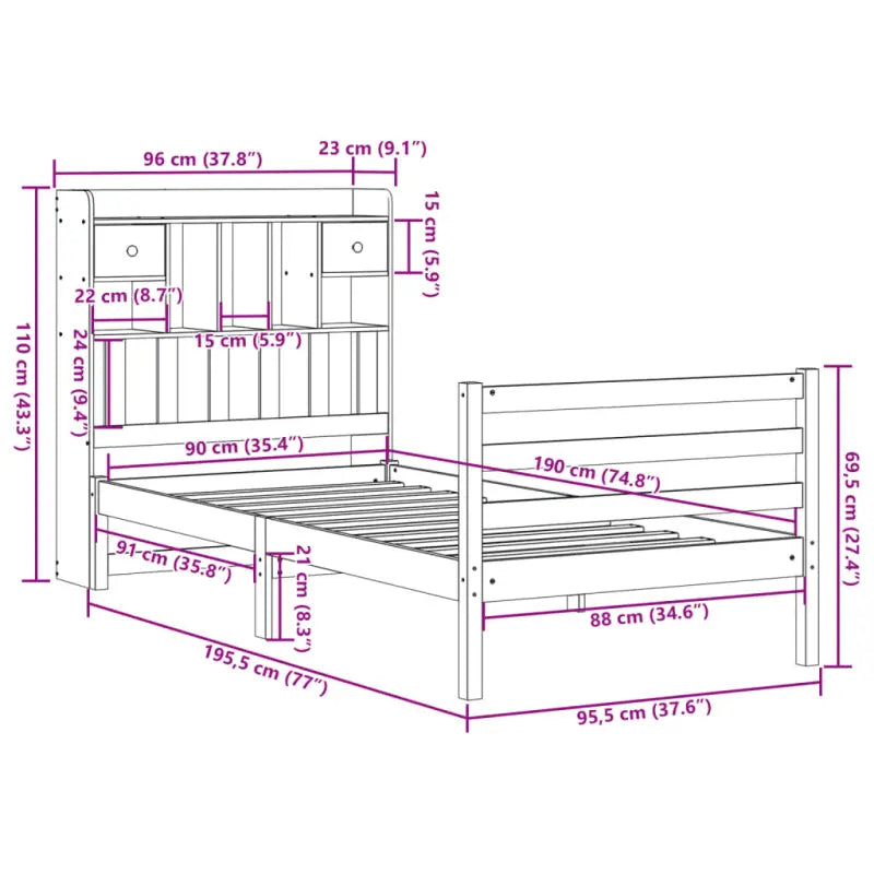Boekenkastbed van massief grenenhout met comfortabele totale afmetingen - Bedden & bedframes