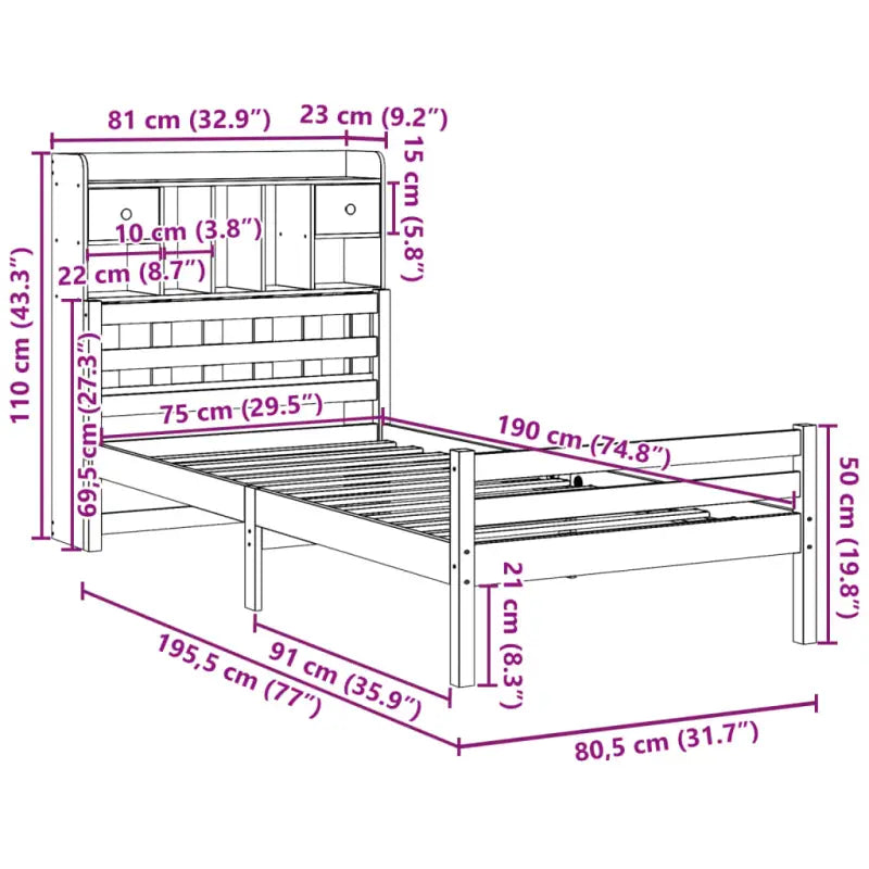 Boekenkastbed van massief grenenhout met ideale totale afmetingen - Bedden & bedframes