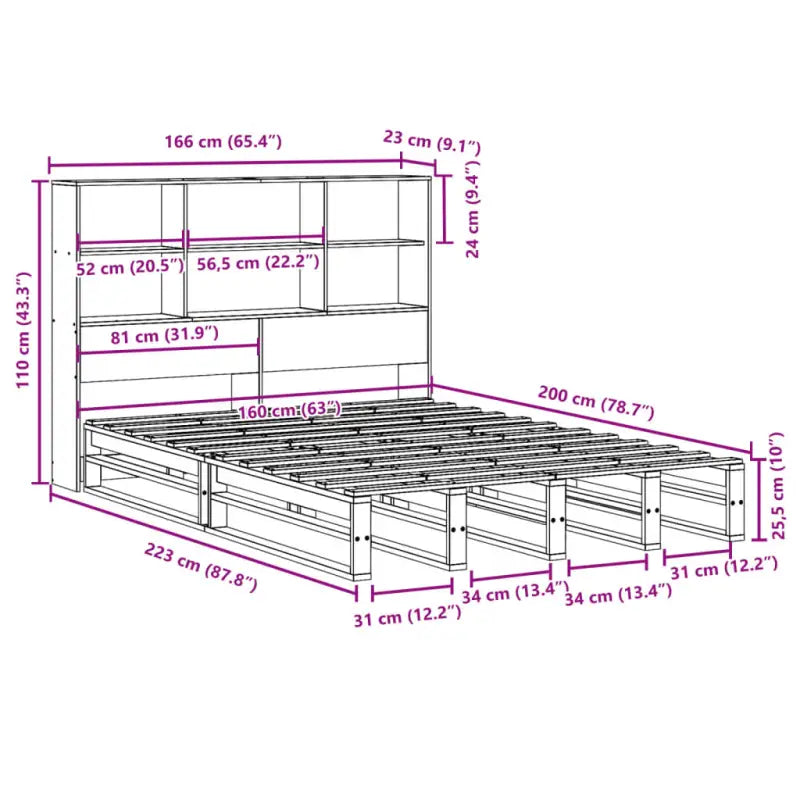 Boekenkastbed van massief grenenhout met praktische totale afmetingen - Bedden & bedframes