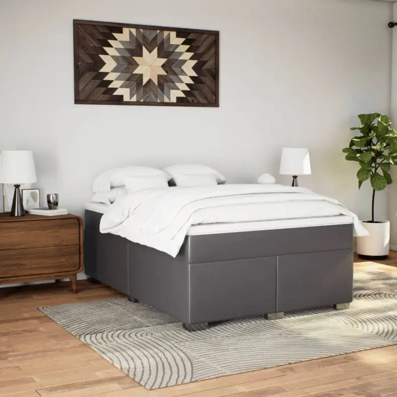 Boxspringbed in grijs materiaal met hoogwaardige kunstleer en massief grenenhout - Bedden & bedframes