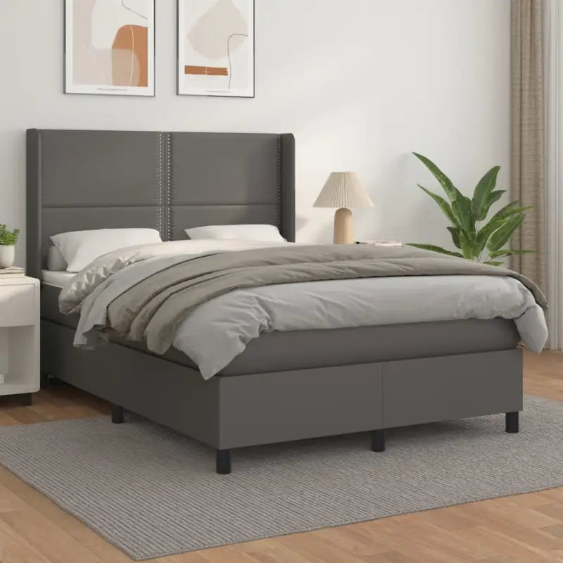 Boxspringbed met hoogwaardig kunstleer en comfortabele schuim afmetingen - Grijs / 140 x 200 cm / Effen met spijkers