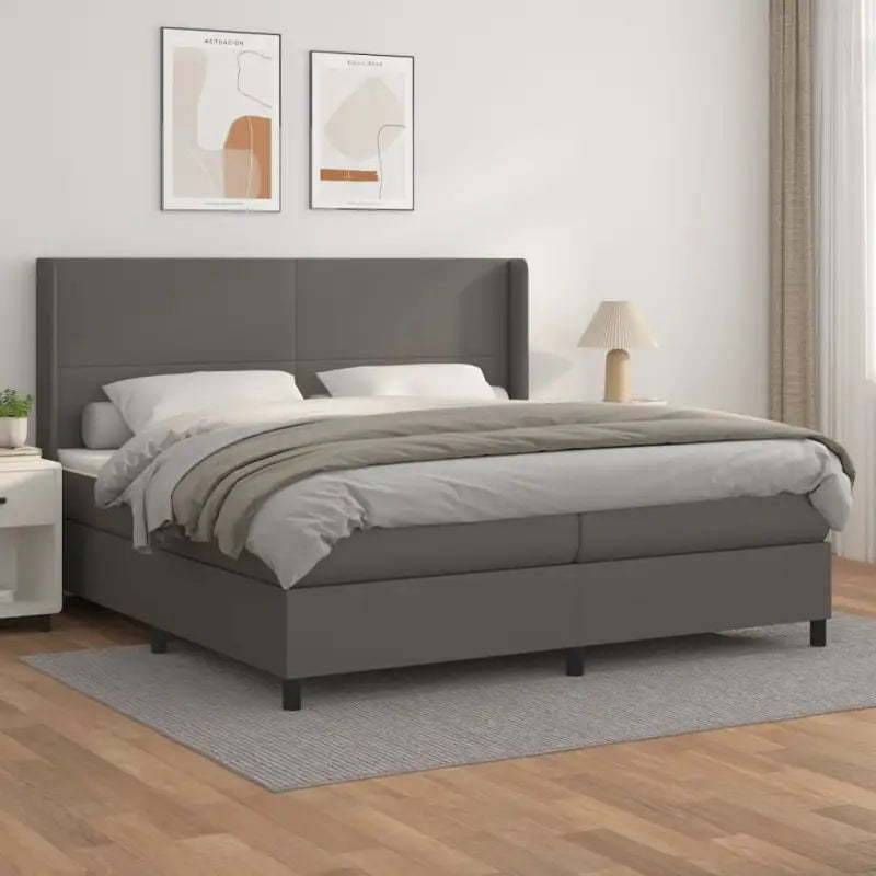 Boxspringbed met hoogwaardig kunstleer en wit materiaal voor rustslaap - Grijs / 200 x 200 cm / Effen ontwerp - Bedden