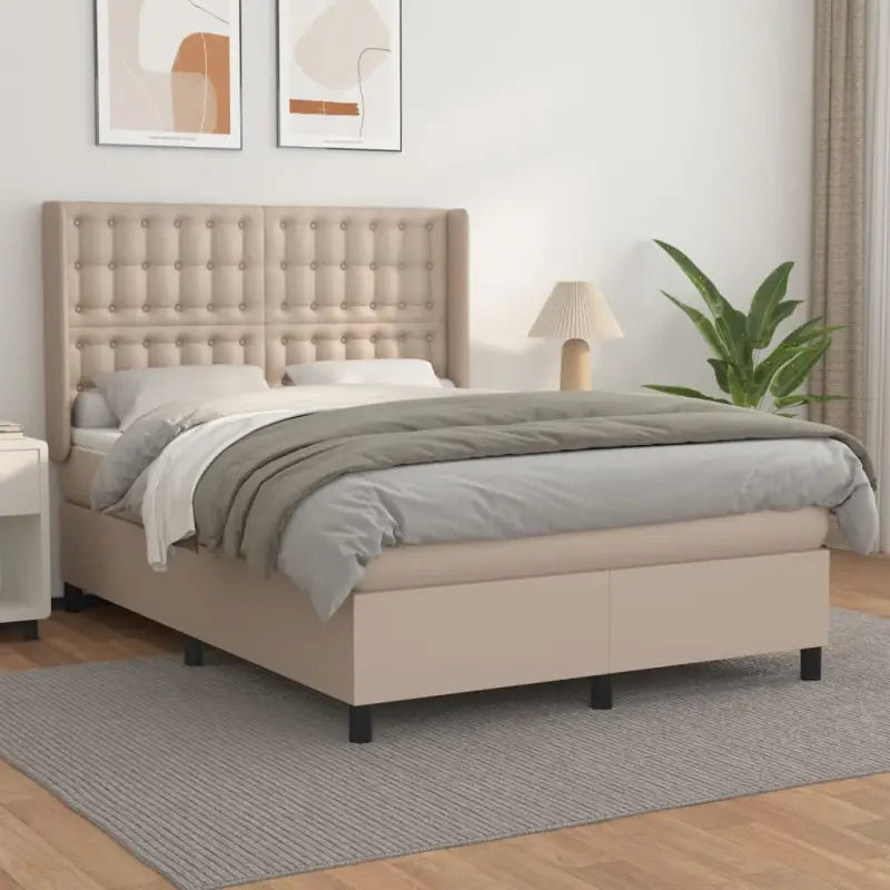 Boxspringbed met hoogwaardig kunstleer en wit materiaal voor rustslaap - Cappuccino / 140 x 200 cm / knoppwn - Bedden &