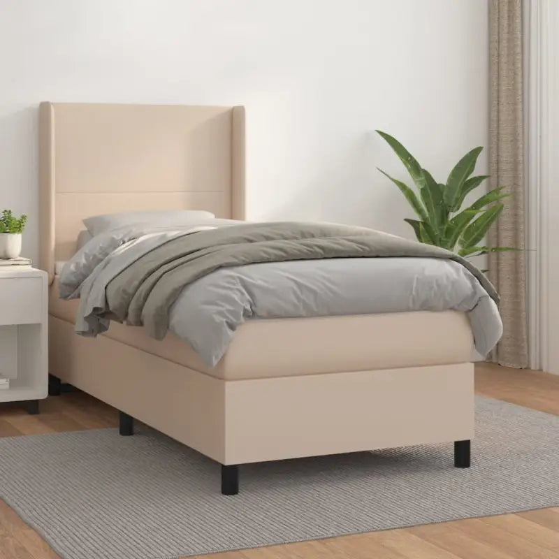Boxspringbed met hoogwaardig kunstleer en wit materiaal voor rustslaap - Cappuccino / 90 x 200 cm / Effen ontwerp