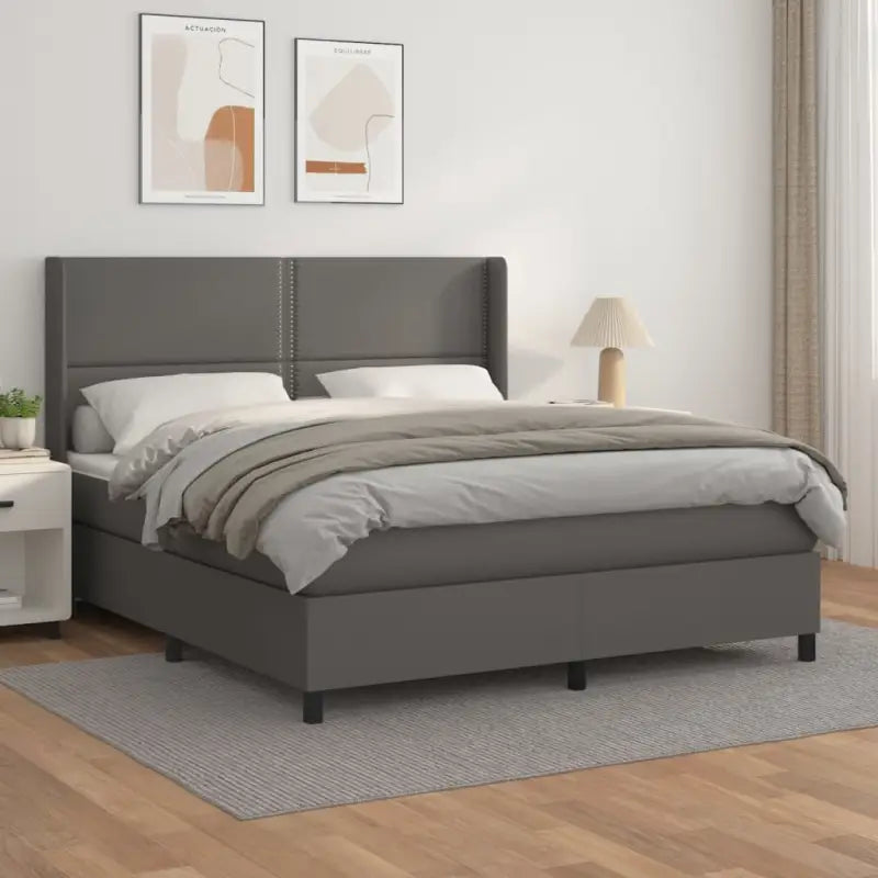 Boxspringbed met hoogwaardig kunstleer en wit materiaal voor rustslaap - Grijs / 180 x 200 cm / Effen met spijkers