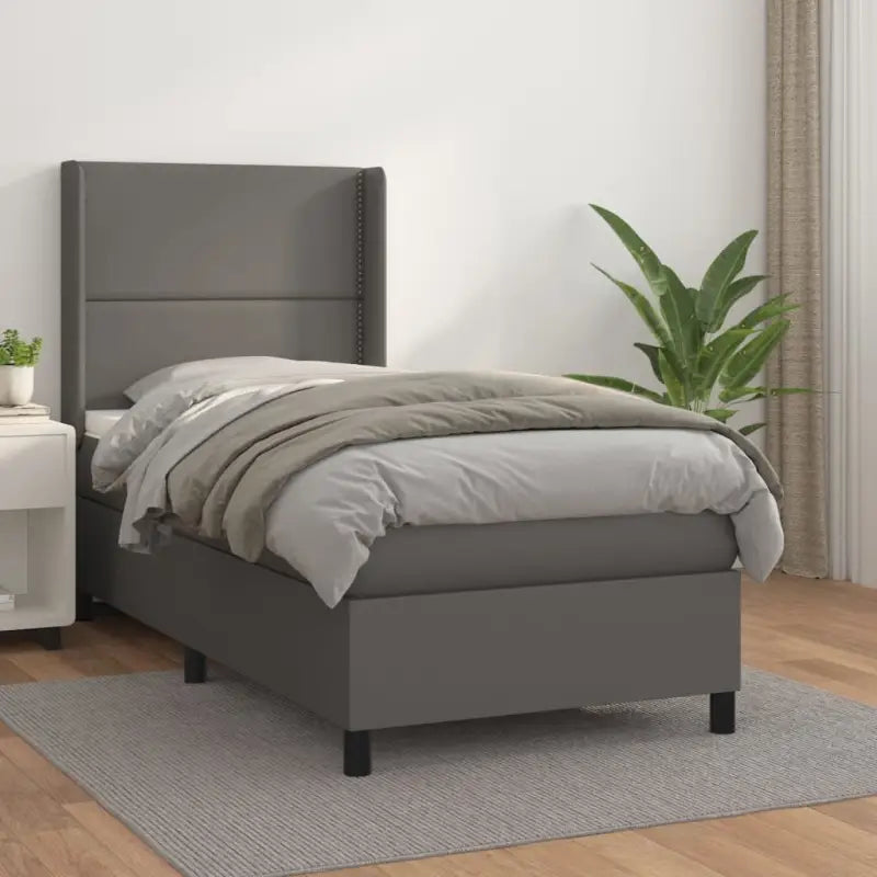 Boxspringbed met hoogwaardig kunstleer en wit materiaal voor rustslaap - Grijs / 90 x 190 cm / Effen met spijkers
