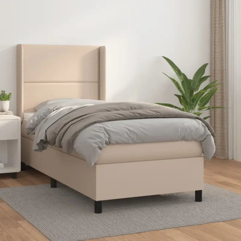 Boxspringbed met hoogwaardig kunstleer en wit materiaal voor rustslaap - Cappuccino / 90 x 200 cm / Effen met spijkers