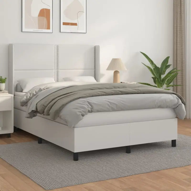 Boxspringbed met hoogwaardig kunstleer en wit materiaal voor rustslaap - Wit / 140 x 190 cm / Effen met spijkers