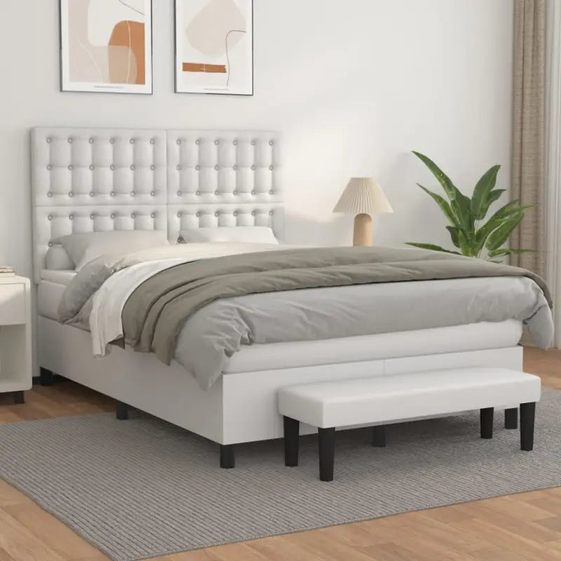 Boxspringbed met hoogwaardig kunstleer in grijs materiaal voor rustgevende nachten - Wit / 140 x 190 cm / knoppwn