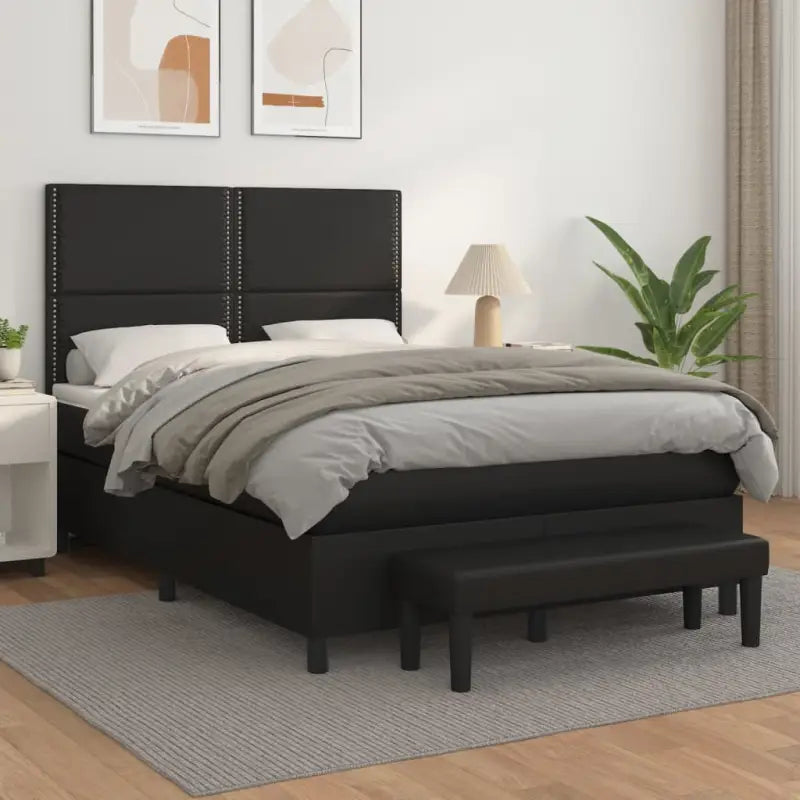 Boxspringbed met hoogwaardig kunstleer in grijs materiaal voor rustgevende nachten - Zwart / 140 x 200 cm / Effen