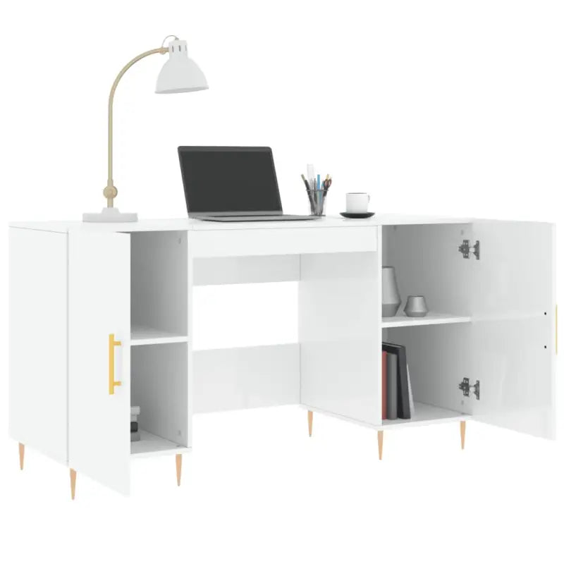 Bureau met hoogglans wit afwerking en bewerkt hout voor elegante werkruimte - Bureaus