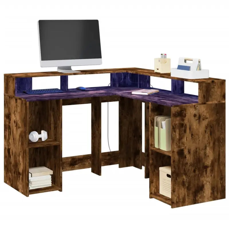 Bureau van bewerkt hout met opbergruimte en LED-verlichting - Gerookt eiken / 130 x 130 x 91 cm - Bureaus
