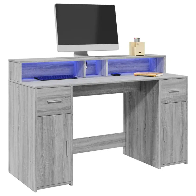 Bureau van bewerkt hout met opbergruimte en LED-verlichting - Grijs sonoma / 140 x 55 x 91 cm - Bureaus