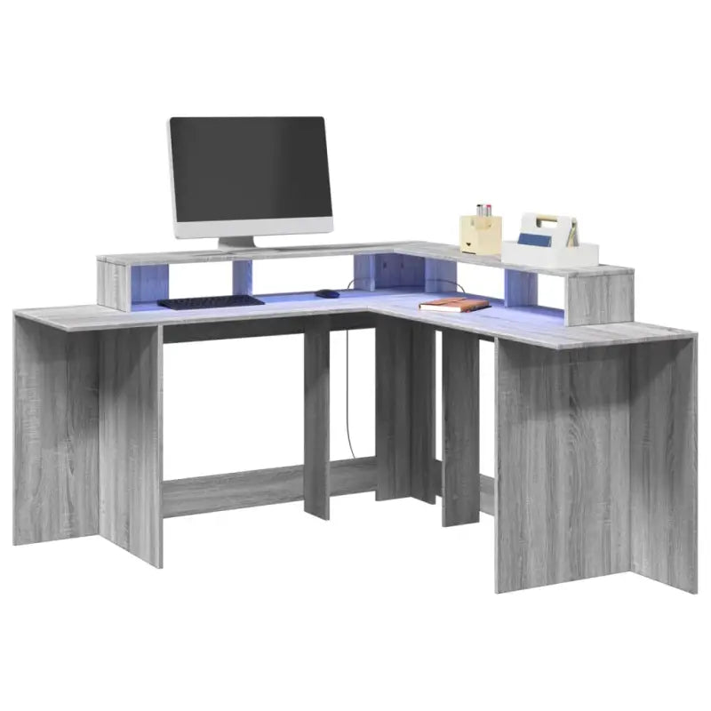 Bureau van bewerkt hout met opbergruimte en LED-verlichting - Grijs sonoma / 152 x 152 x 91 cm - Bureaus