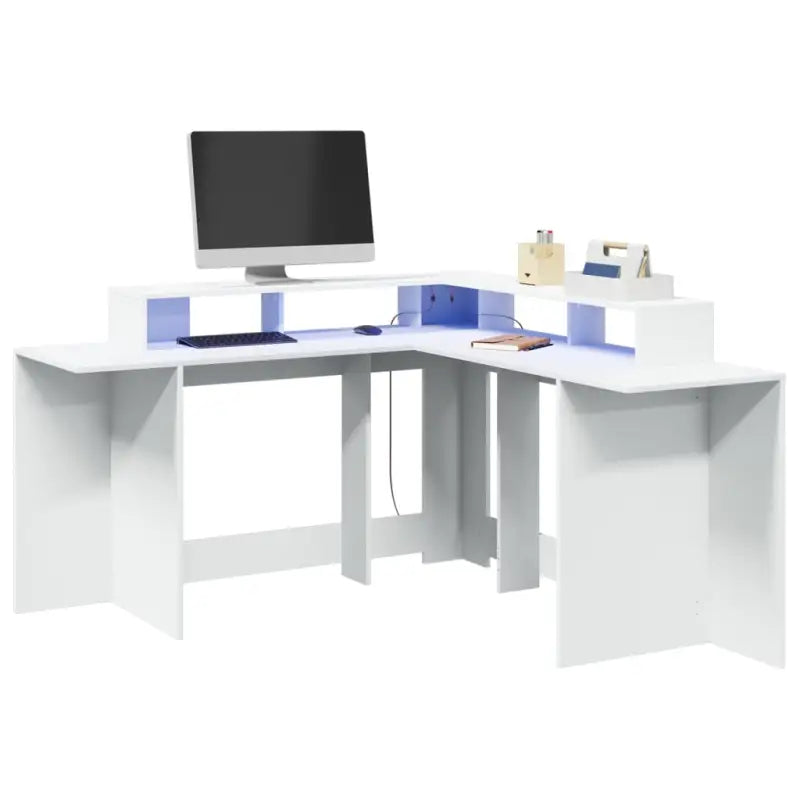 Bureau van bewerkt hout met opbergruimte en LED-verlichting - Wit / 152 x 152 x 91 cm - Bureaus