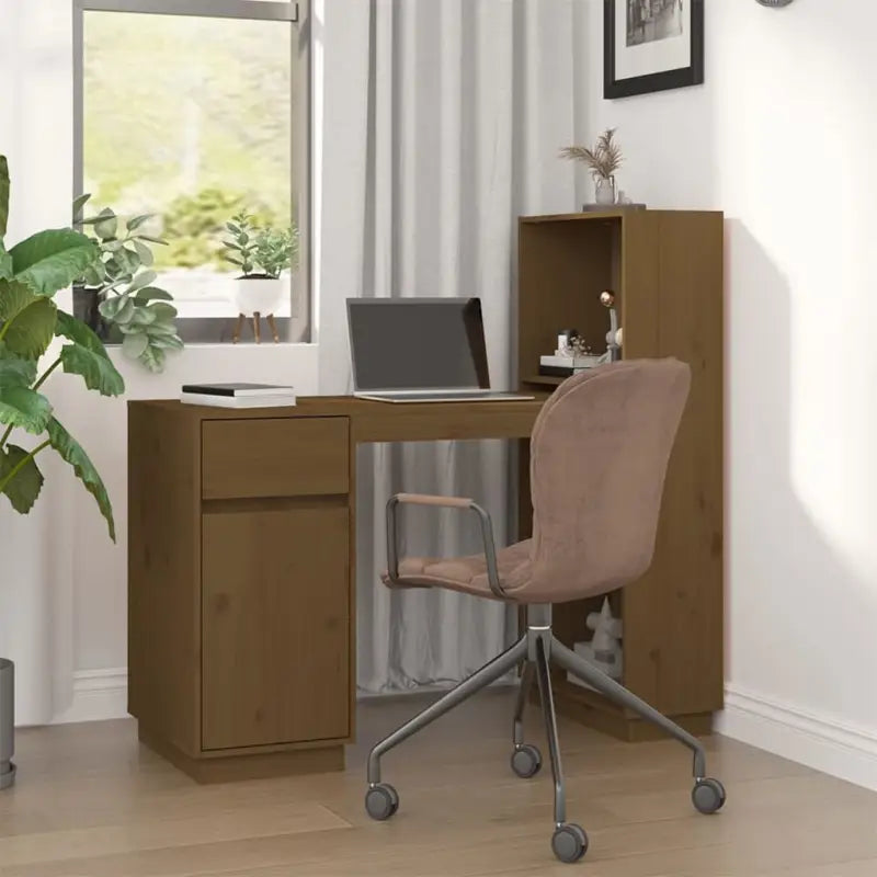 Bureau van massief grenenhout met decoratieve en praktische functies - Honingbruin - Bureaus