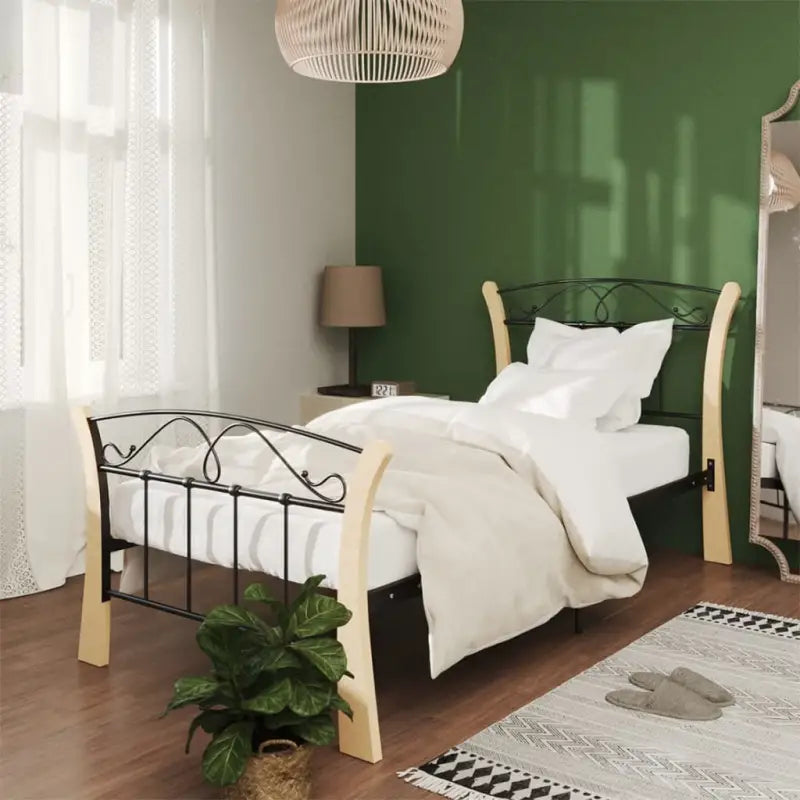 Comfortabel eenpersoons bedframe met massief eikenhout en gepoedercoat metaal - Zwart en lichtbruin / 90 x 200 cm