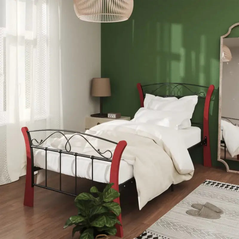 Comfortabel eenpersoons bedframe met massief eikenhout en gepoedercoat metaal - Zwart en donkerbruin / 90 x 200 cm