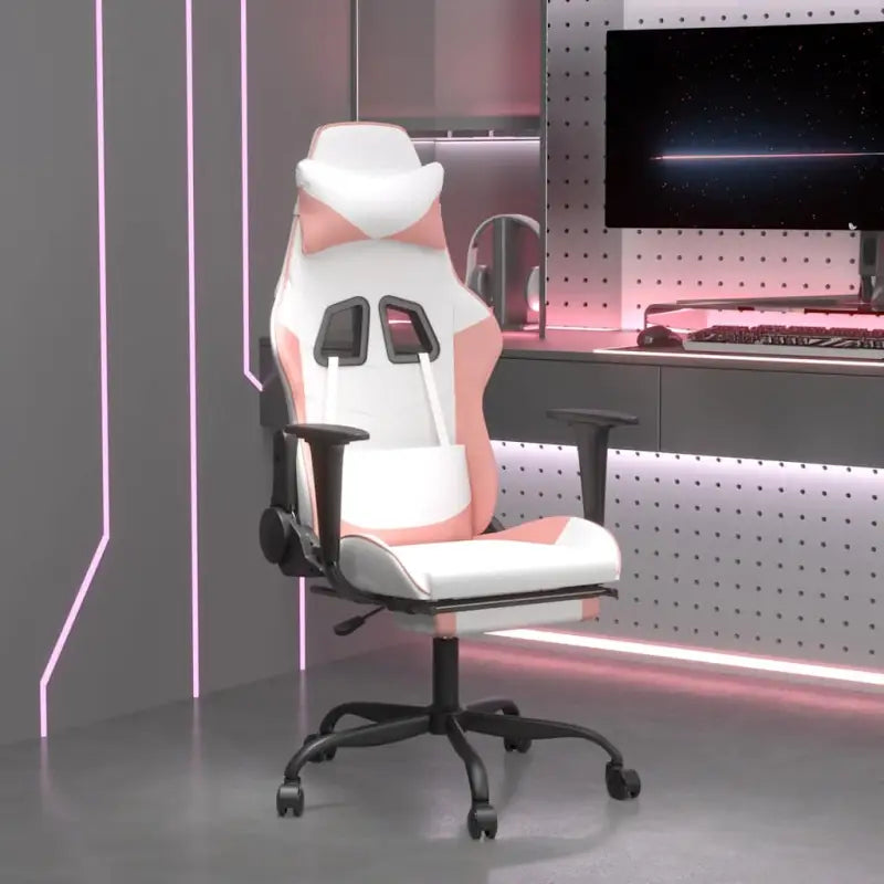 Comfortabele gamingstoel met duurzaam vlekbestendig kunstleer - Wit en roze / 1 / Met voetensteun - Gamingstoelen