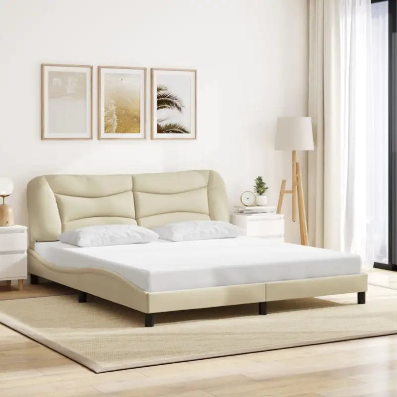 Donkergrijs bedframe met hoofdeinde en multiplex lattenbodem - Crème / 180 x 200 cm - Bedden & bedframes