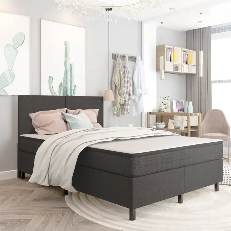 Donkergrijs materiaal boxspring met elegant ontwerp voor slaapkamer - 140 x 200 cm / Effen hoofdeinde + 35,5 cm