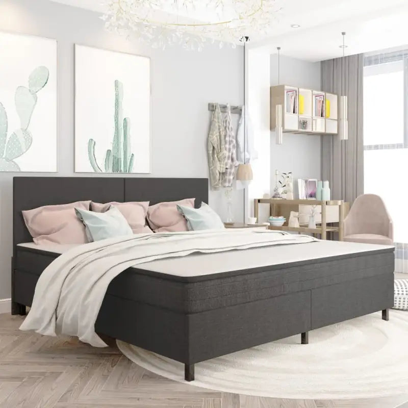 Donkergrijs materiaal boxspring met elegant ontwerp voor slaapkamer - 200 x 200 cm / Effen hoofdeinde + 35,5 cm