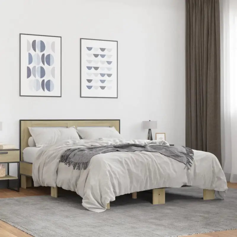 Duurzaam bedframe met bewerkt hout en multiplex lattenbodem - Sonoma eiken / 135 x 190 cm - Bedden & bedframes
