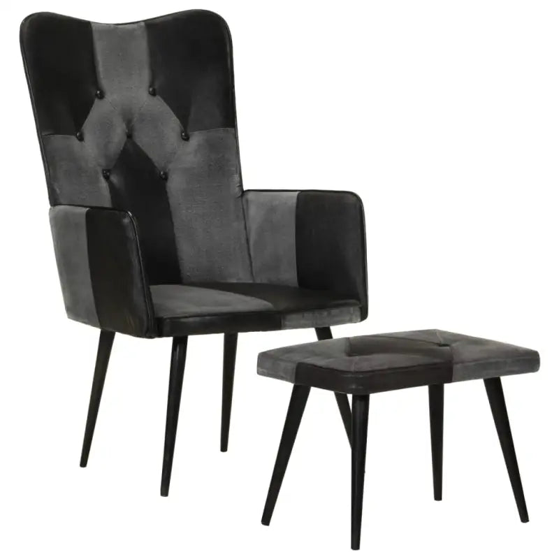 Echt leer fauteuil met voetenbank voor ontspanning in woonkamer of slaapkamer - Zwart / 1 / Echt leer en canvas
