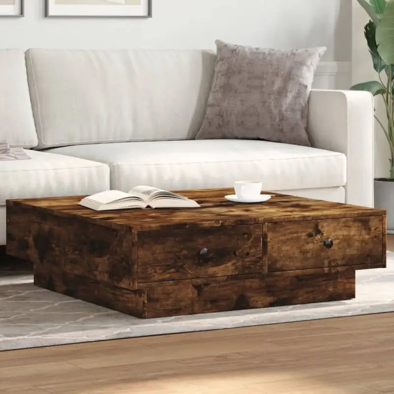 Eenvoudige salontafel van bewerkt hout met elegante afwerking - Gerookt eiken / 90 x 90 x 28 cm / 1 - Salontafels