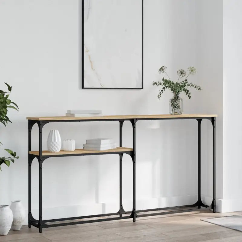 Eenzijdige wandtafel met bewerkt hout en metalen frame - Bijzettafels