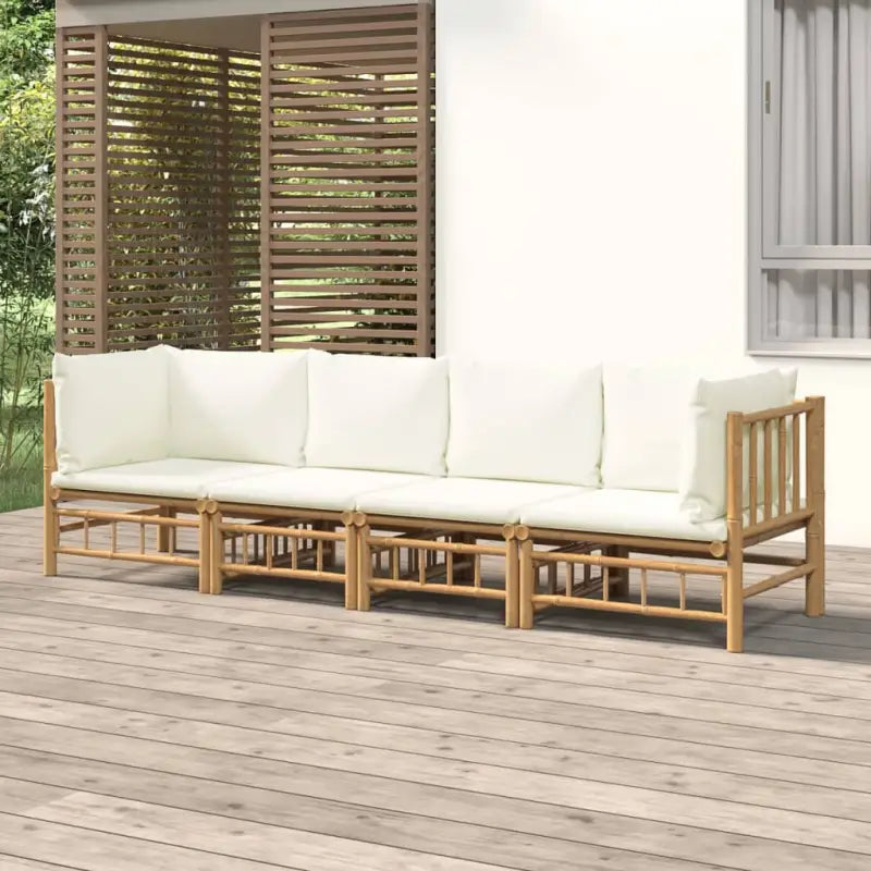 Elegante bamboe tuinset met comfortabele afmeting zitting en rugkussen - Crème / 2x hoek + 2x midden - Tuinsets