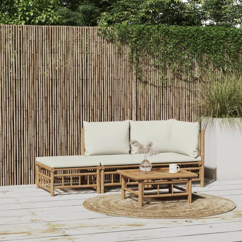 Elegante bamboe tuinset met comfortabele afmeting zitting en rugkussen - Crème / hoek + midden + voetensteun - Tuinsets