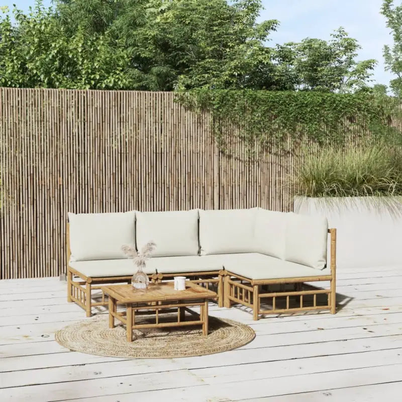 Elegante bamboe tuinset met comfortabele afmeting zitting en rugkussen - Crème / hoek + 3x midden + Tafel - Tuinsets