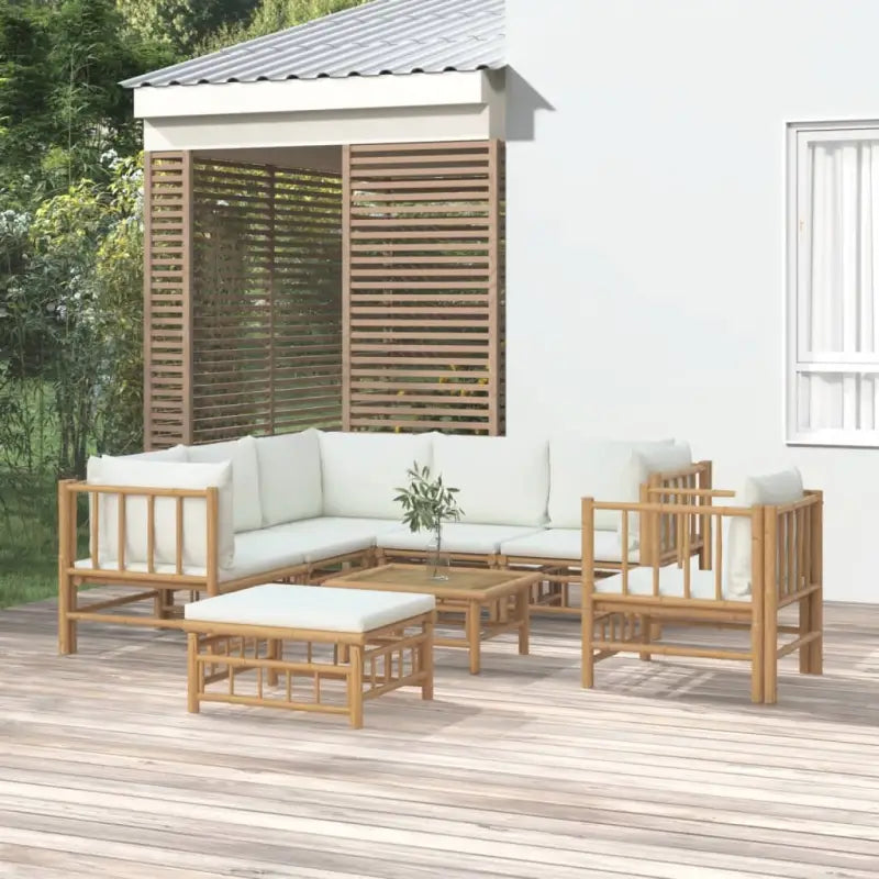 Elegante bamboe tuinset met comfortabele afmeting zitting en rugkussen - Crème / 3x hoek + 2x midden + stoel