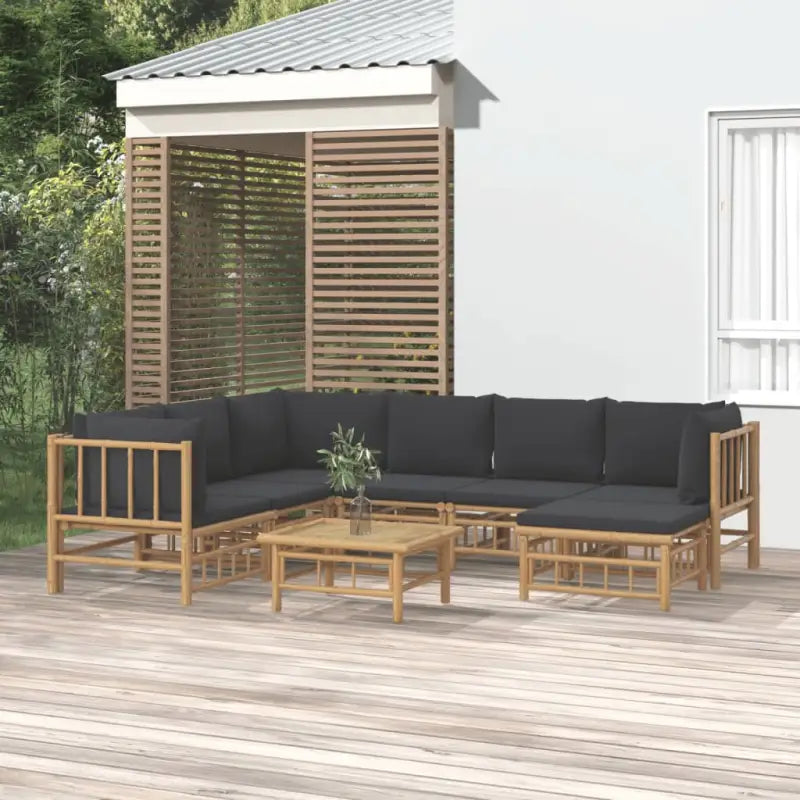 Elegante bamboe tuinset met comfortabele afmeting zitting en rugkussen - Donkergrijs / 3x hoek + 3x midden