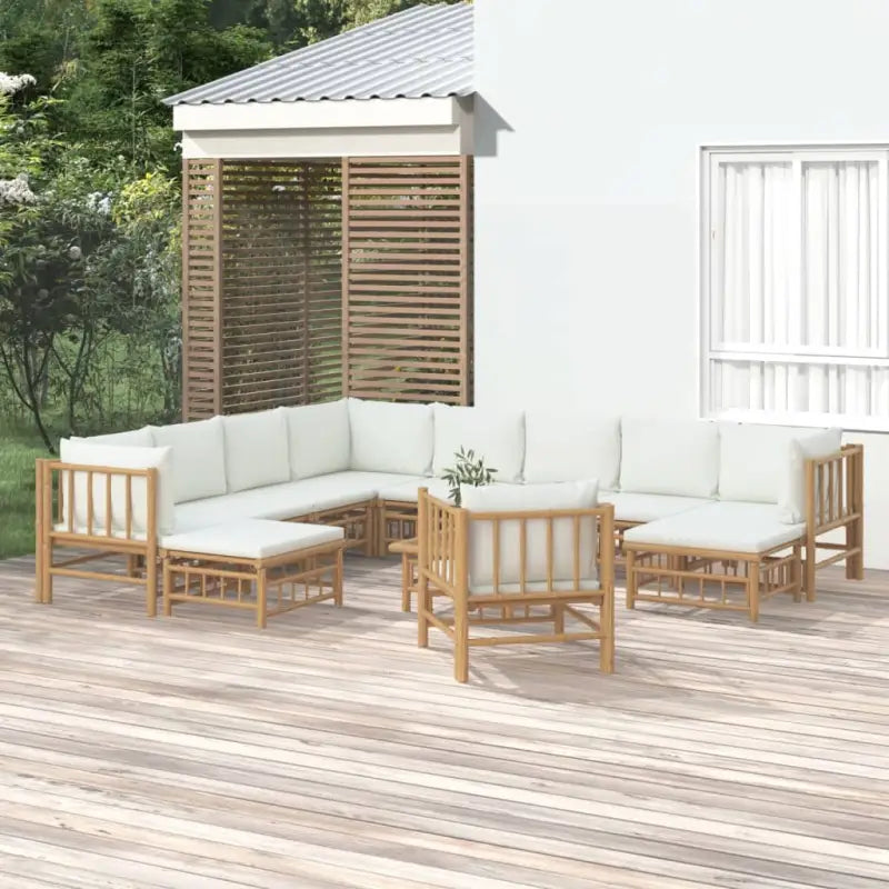 Elegante bamboe tuinset met comfortabele afmeting zitting en rugkussen - Crème / 3x hoek + 5x midden + 2x voetensteun