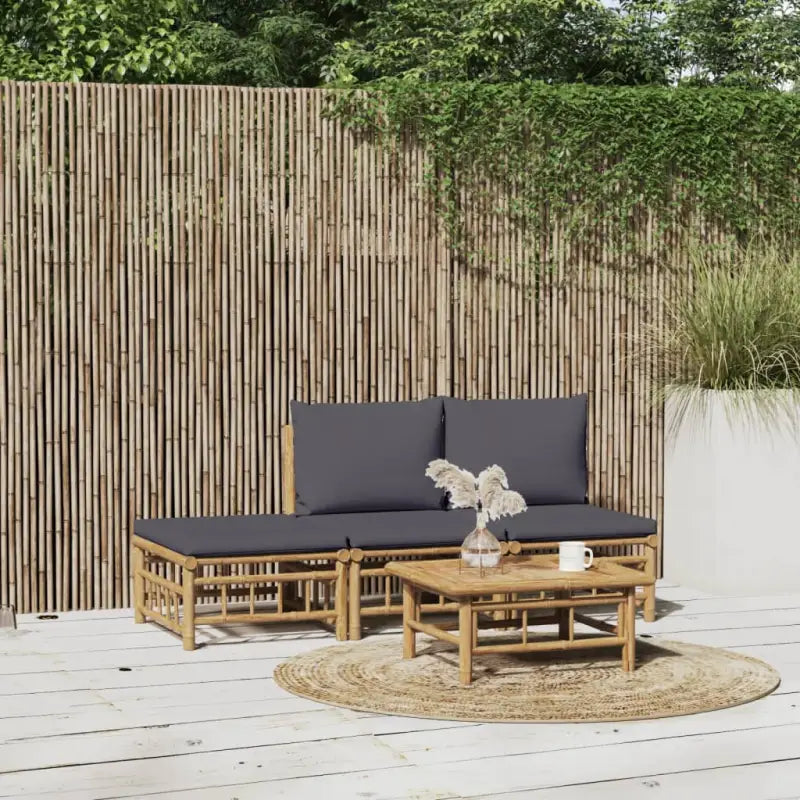 Elegante bamboe tuinset met comfortabele afmeting zitting en rugkussen - Donkergrijs / 2x midden + voetensteun + Tafel
