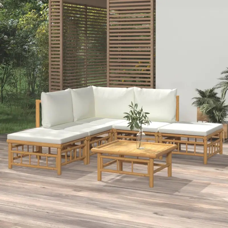 Elegante bamboe tuinset met comfortabele afmeting zitting en rugkussen - Crème / hoek + 2x midden + 2x voetensteun