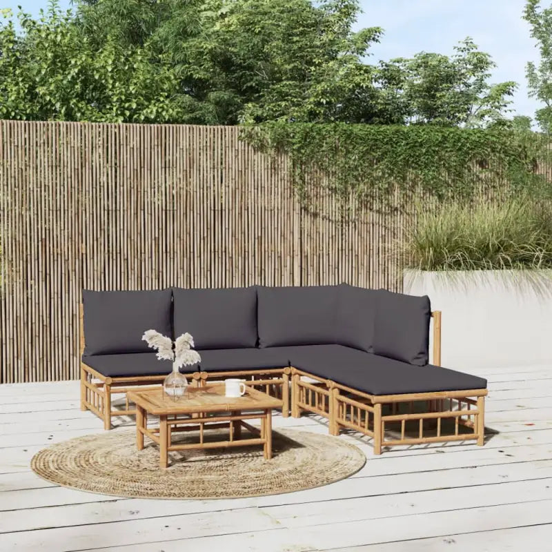 Elegante bamboe tuinset met comfortabele afmeting zitting en rugkussen - Donkergrijs / hoek + 3x midden + voetensteun