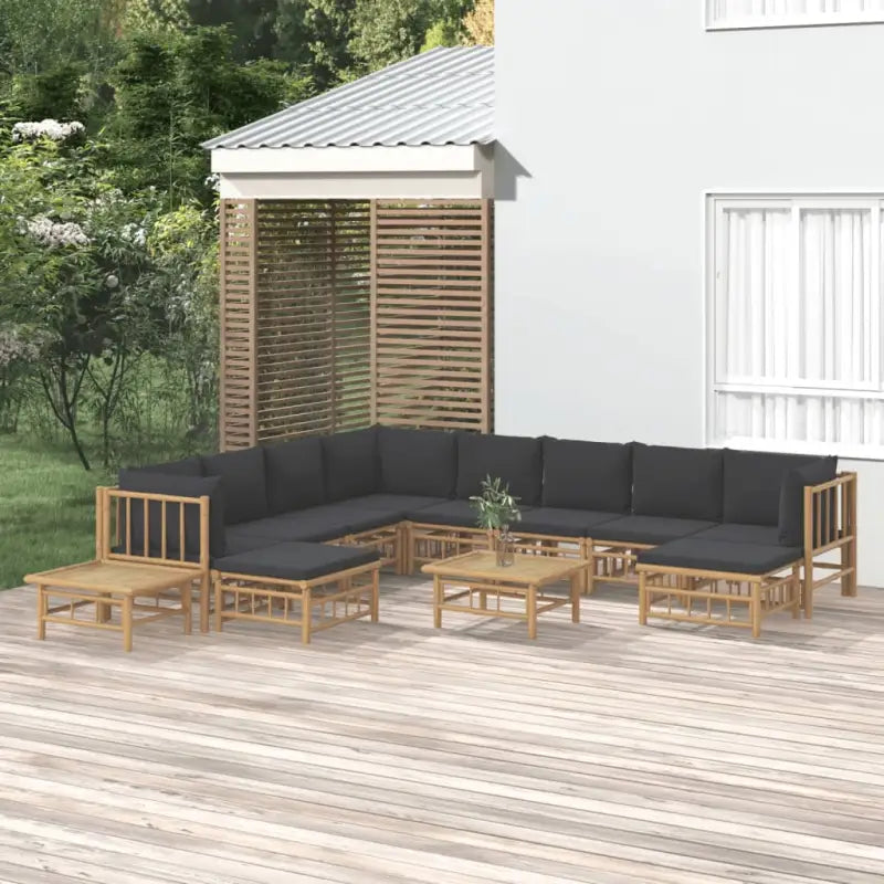 Elegante bamboe tuinset met comfortabele afmeting zitting en rugkussen - Donkergrijs / 3x hoek + 5x midden + 2x