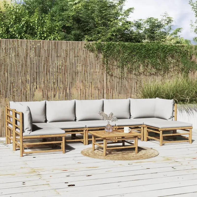Elegante bamboe tuinset met comfortabele afmetingen en rugkussen - Lichtgrijs / 2x hoek + 4x midden + voetensteun