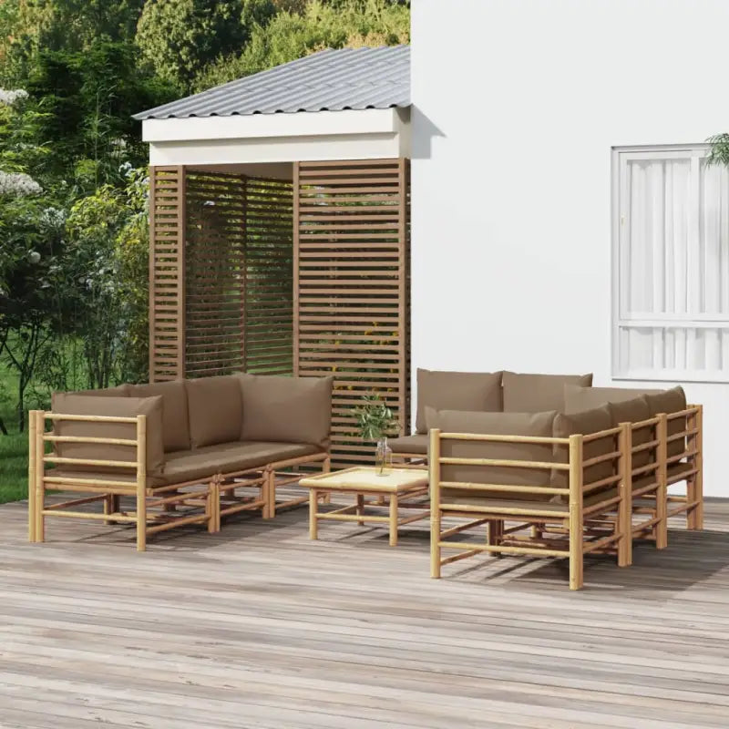 Elegante bamboe tuinset met comfortabele afmetingen en rugkussen - Taupe / 4x hoek + 4x midden + Tafel - Tuinsets