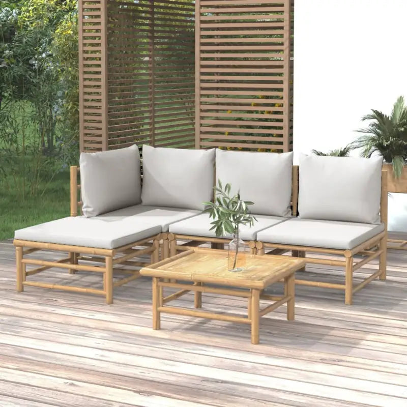 Elegante bamboe tuinset met comfortabele afmetingen en rugkussen - Lichtgrijs / hoek + 2x midden + voetensteun + Tafel