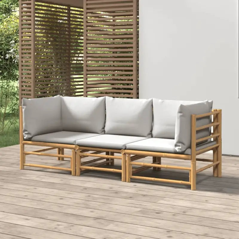 Elegante bamboe tuinset met comfortabele afmetingen en rugkussen - Lichtgrijs / 2x hoek + midden - Tuinsets