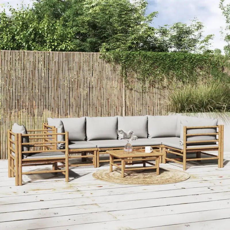 Elegante bamboe tuinset met comfortabele afmetingen en rugkussen - Lichtgrijs / 3x hoek + 2x midden + stoel + Tafel