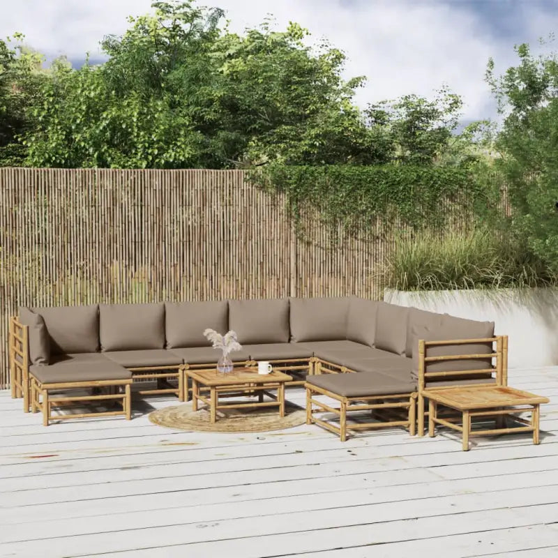 Elegante bamboe tuinset met comfortabele afmetingen en rugkussen - Taupe / 3x hoek + 5x midden + 2x voetensteun + 2x